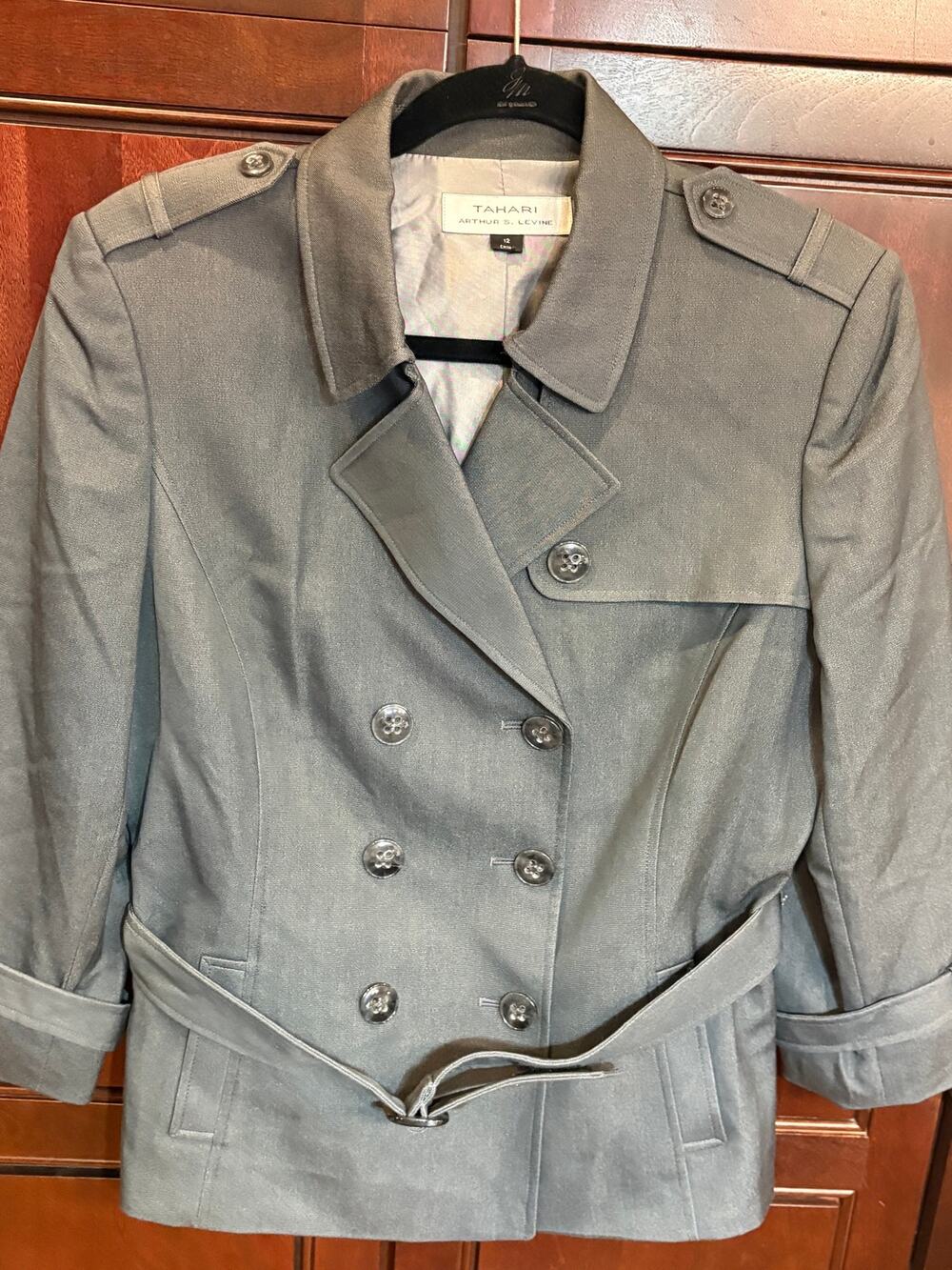 Tahari Trench Jacket Gray Double Breasted Belted 3/4 Sleeve Size 12